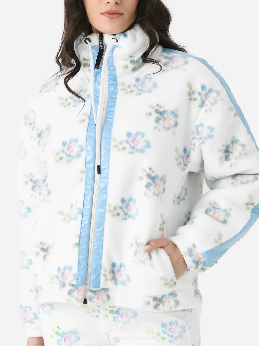 LoveShackFancy White and Blue fleece Ski Jacket with floral Print